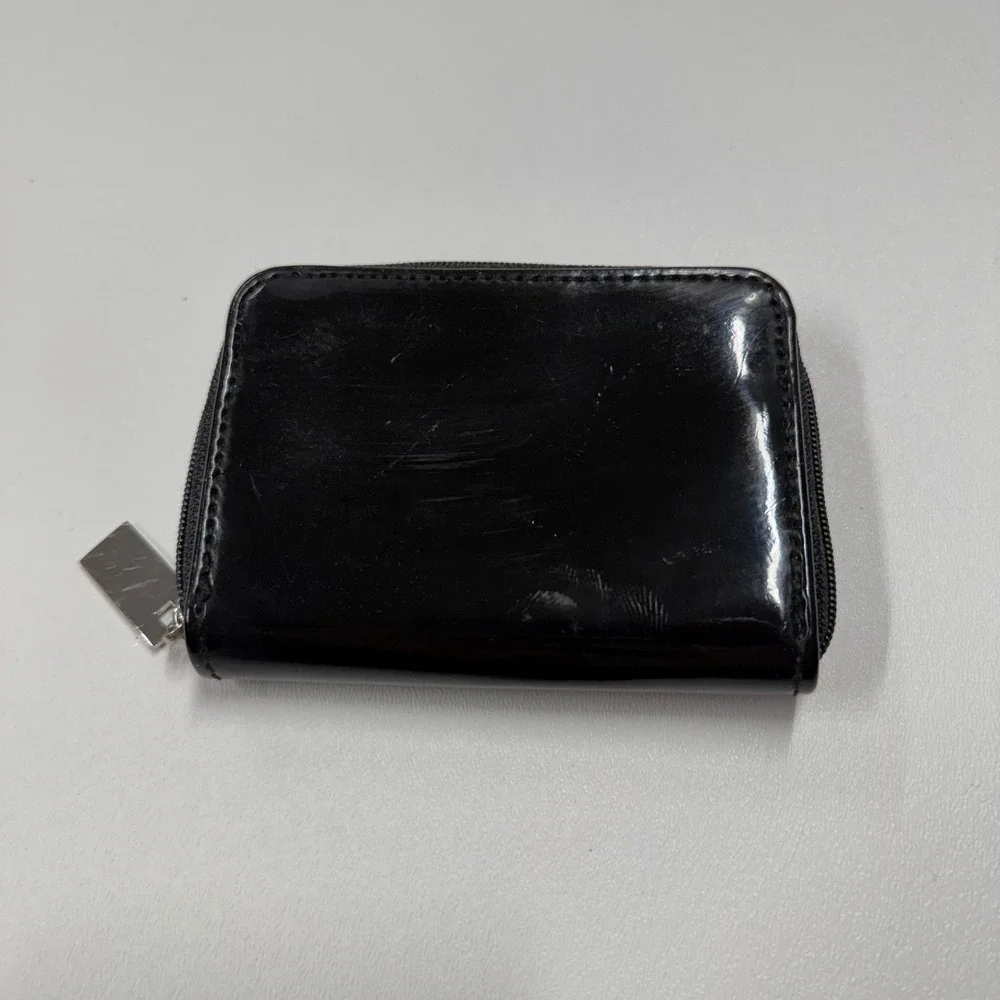 Dior Beauty Black Patent Zip Around Card Holder Wallet Silver Tone Logo
